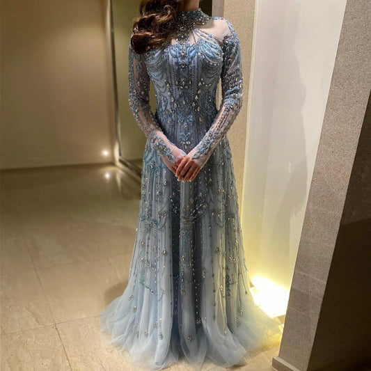Elegant Beaded Crystal Tulle Evening Dress with High Neckline, Full Sleeves & Sweep Train – Formal Floor-Length Gown by Sharon Said