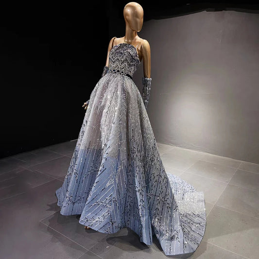 Sharon Said Dubai Luxury Beaded Glitter Blue Evening Dress High Custom Crystal  Wedding Party Dress Prom Gowns SS552 Customized