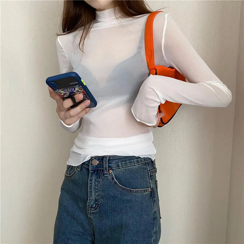 Women’s Sheer Mesh Turtleneck Top – Sexy Long Sleeve Transparent Slim Tee UK