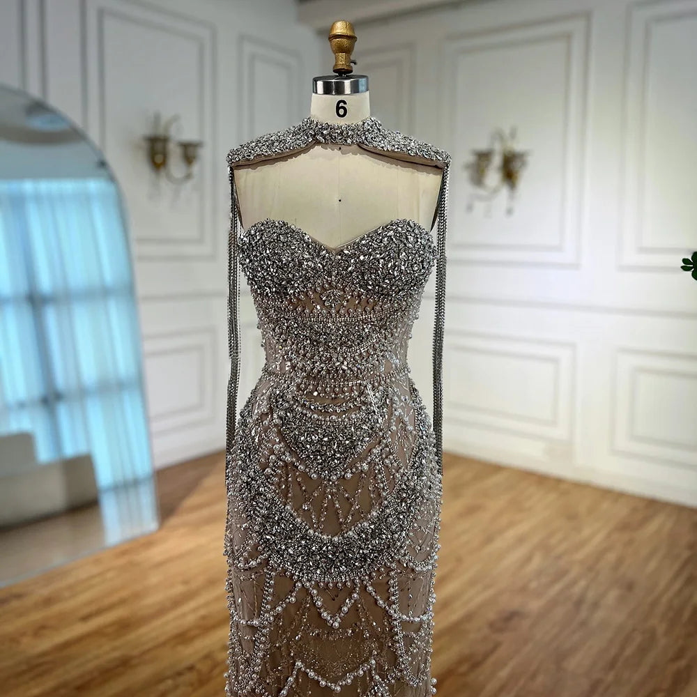 2025 Customized Nude Strapless Evening Dresses With Beaded Tassel And Detachable Fringe Short Cape For Formal Occasion LA72876