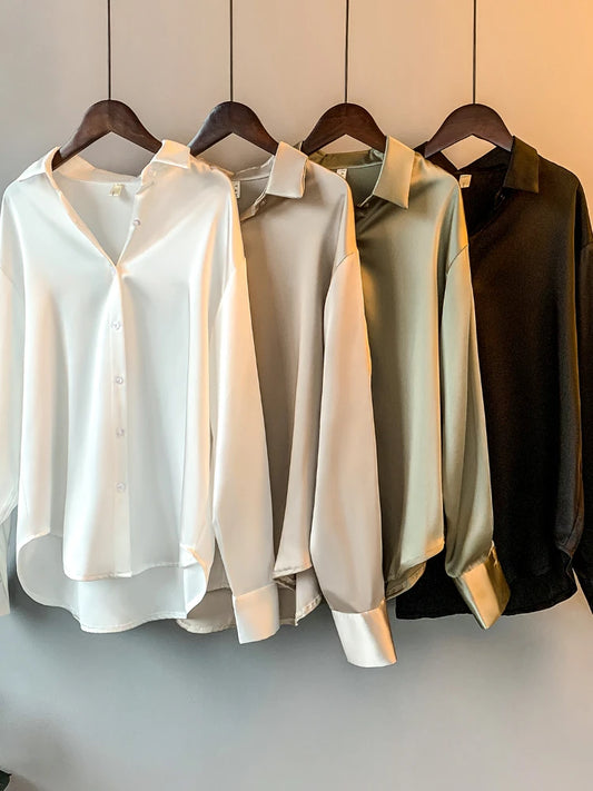 Office Lady Satin Blouse – Women’s Long Sleeve Elegant Shirt, Korean Designer Style UK