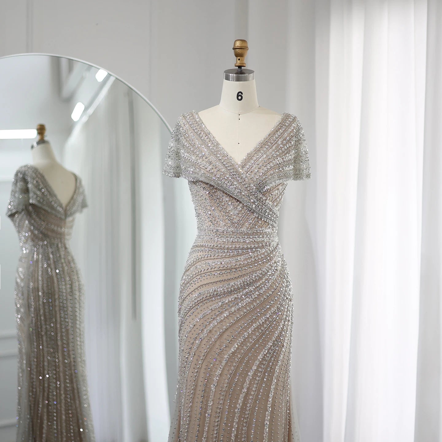 Sharon Said Luxury Dubai Silver Nude Mermaid Evening Dress for Women Wedding Cap Sleeve Arab Formal Party Gowns SS045 Customized