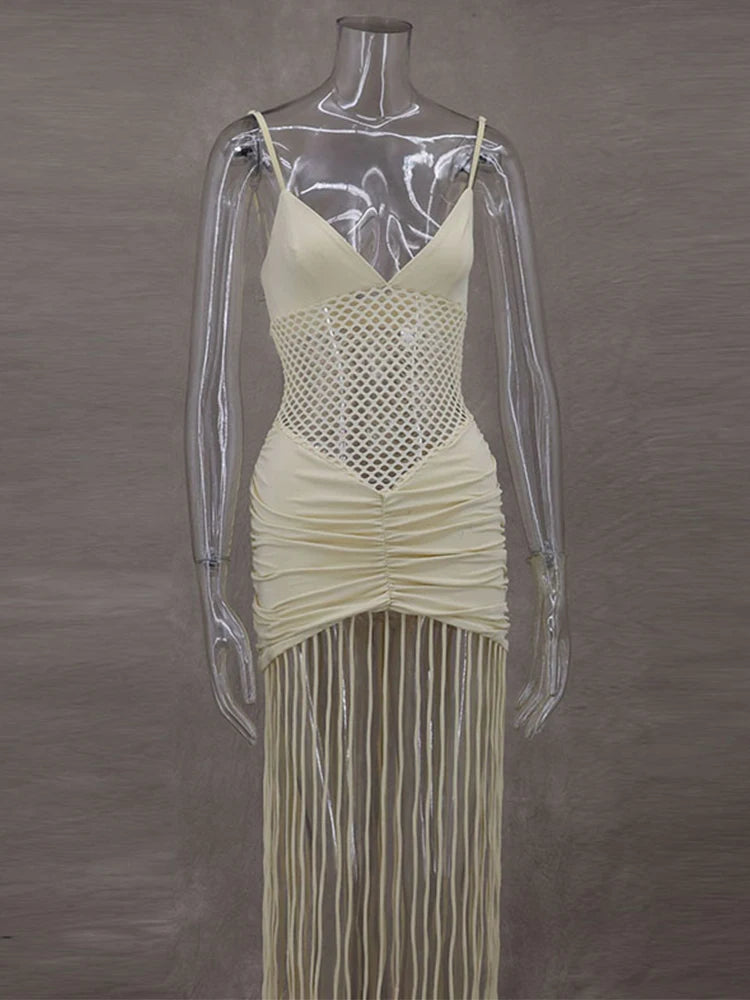Hollow Out See-through Long Dress Women Holiday Tassels High Waist Sleeveless Strap Dresses Female Backless Evening Club  Robe