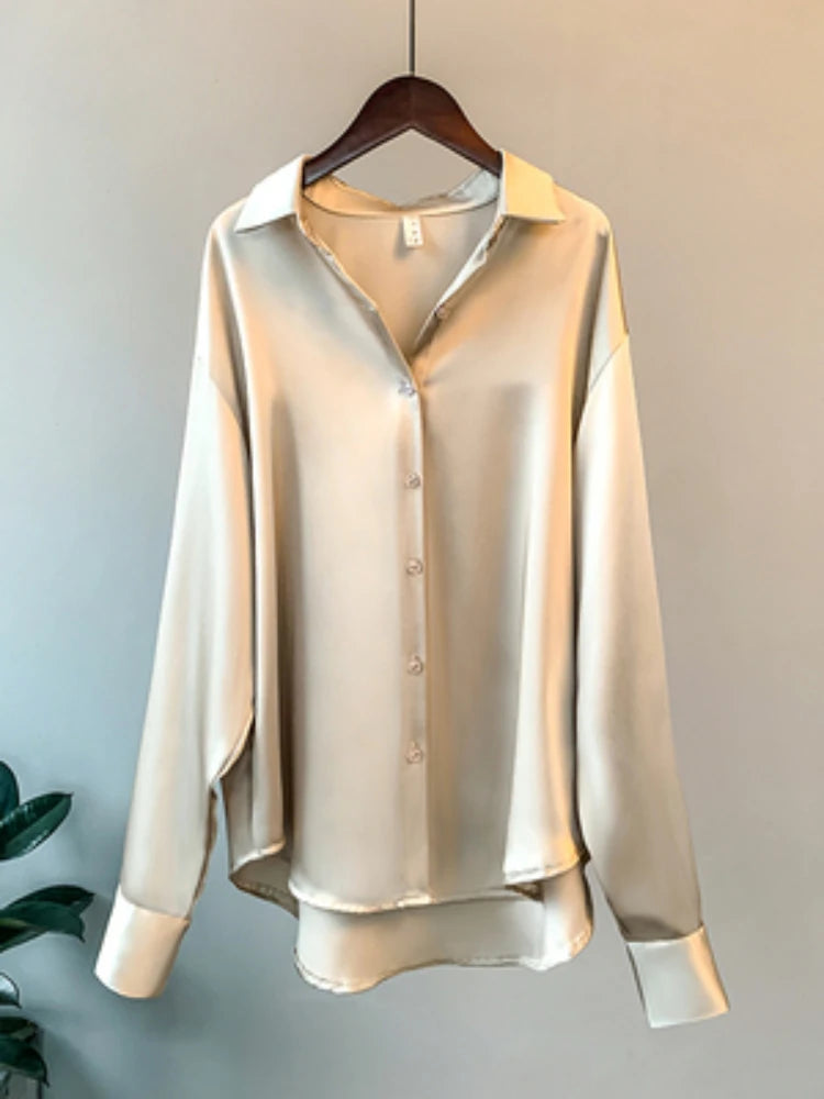 Office Lady Satin Blouse – Women’s Long Sleeve Elegant Shirt, Korean Designer Style UK