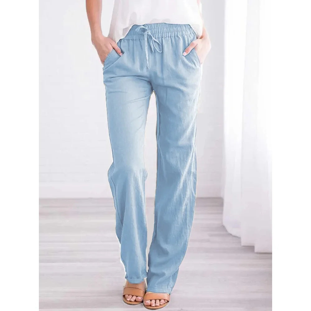 Cotton Linen Drawstring Pants – Women’s Loose Fit Elastic Waist Casual Trousers UK