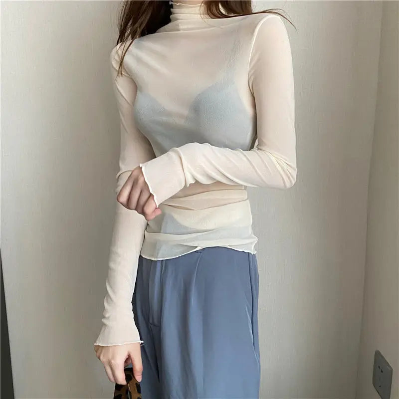 Women’s Sheer Mesh Turtleneck Top – Sexy Long Sleeve Transparent Slim Tee UK