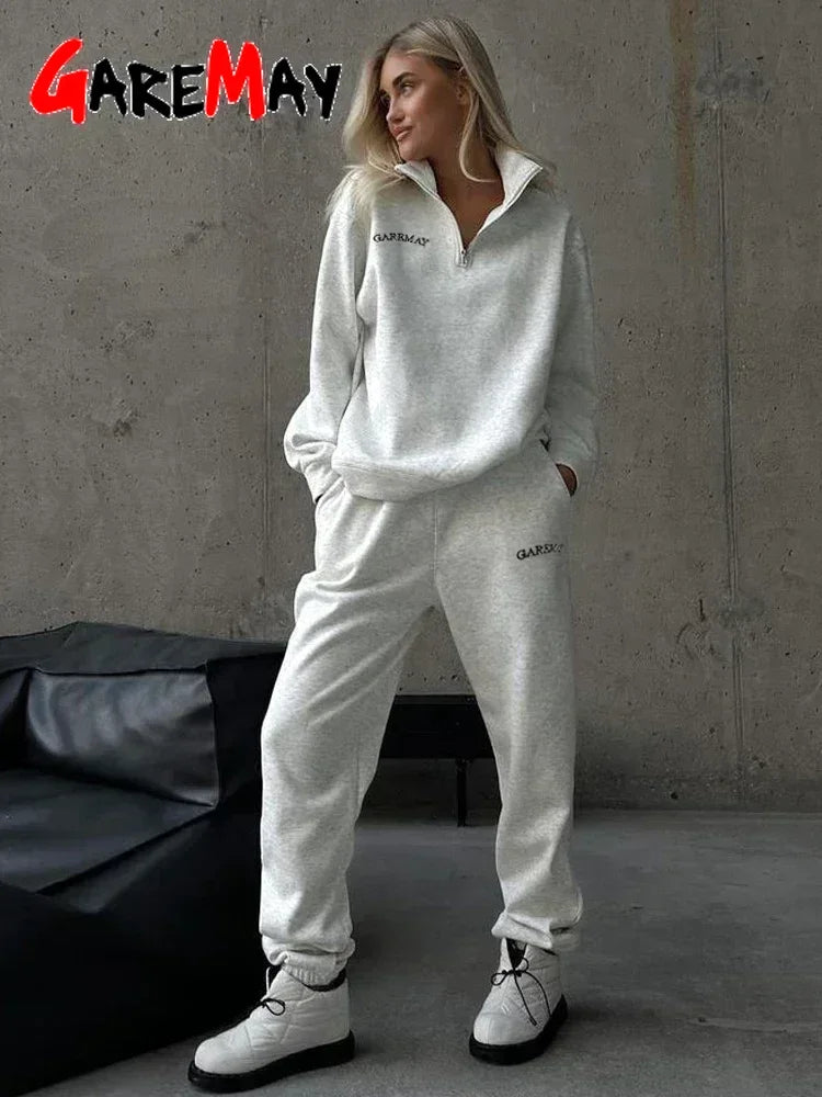 Spring Tracksuit Set for Women – GareMay Cotton Zipper Oversize Two Piece Suit, Casual UK Style