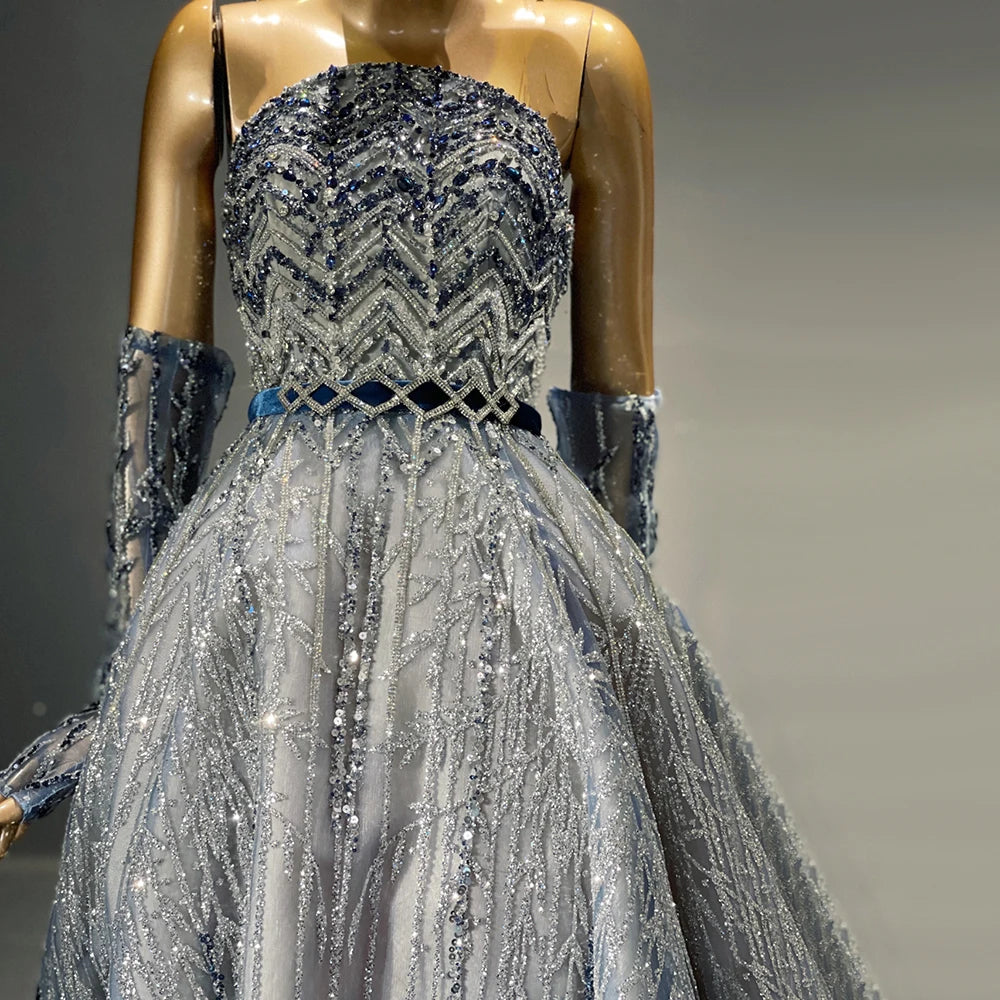 Sharon Said Dubai Luxury Beaded Glitter Blue Evening Dress High Custom Crystal  Wedding Party Dress Prom Gowns SS552 Customized