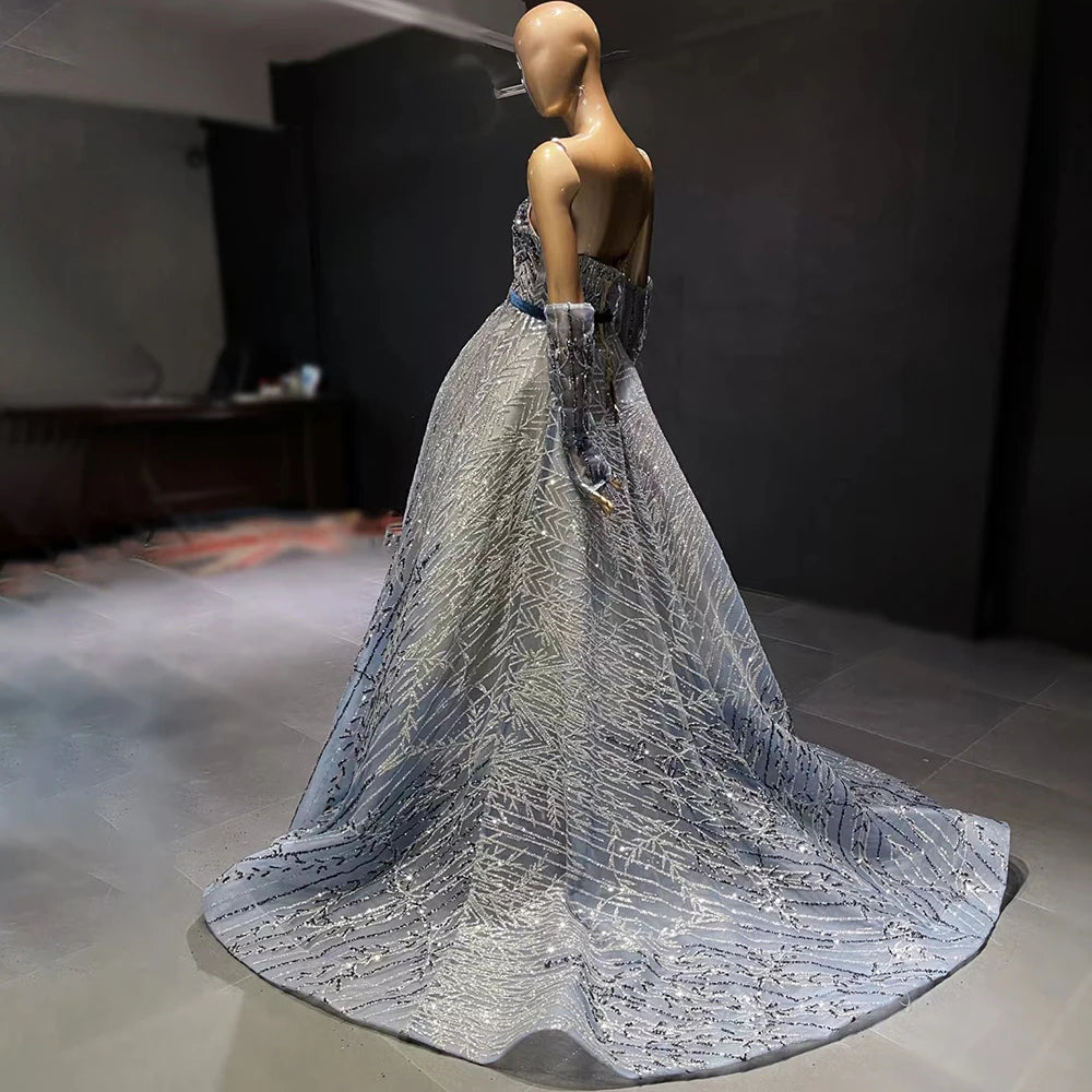 Sharon Said Dubai Luxury Beaded Glitter Blue Evening Dress High Custom Crystal  Wedding Party Dress Prom Gowns SS552 Customized