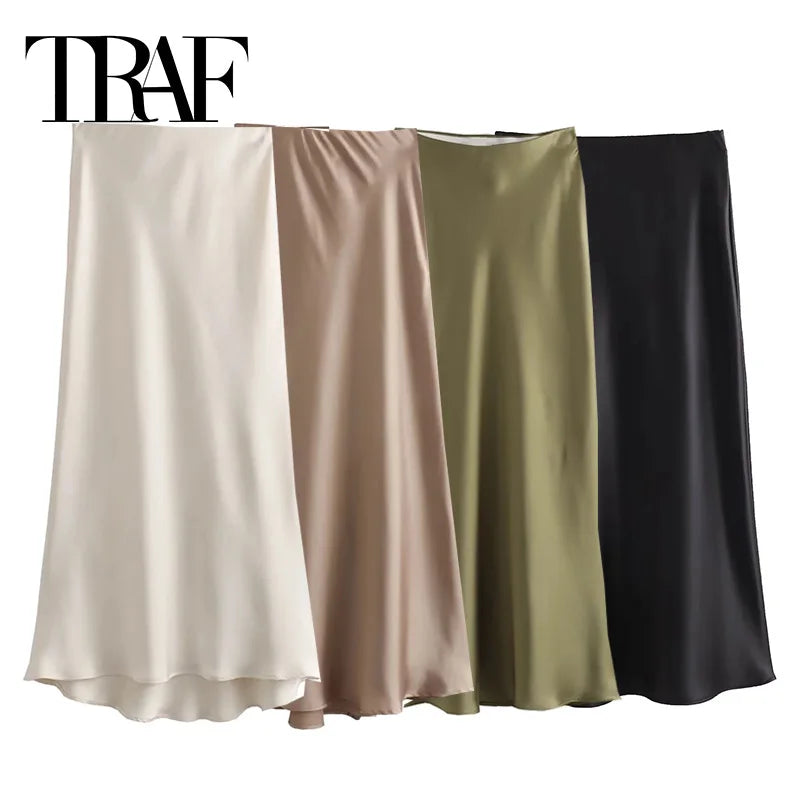Satin High Waist Midi Skirt for Women – TRAF Elegant Summer Office Lady Skirt, Black & More Colours