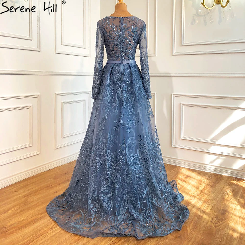 Serene Hill Muslim Blue Lace Beaded Luxury Evening Dresses Gowns O-Neck Mermaid Elegant 2025 For Women Party Plus Size LA70834