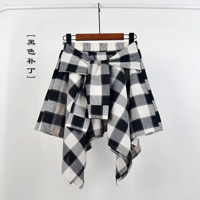 Women Plaid Mini Skirt – Summer Retro Bow Knot Elastic Waist Irregular Short Skirt Blue White