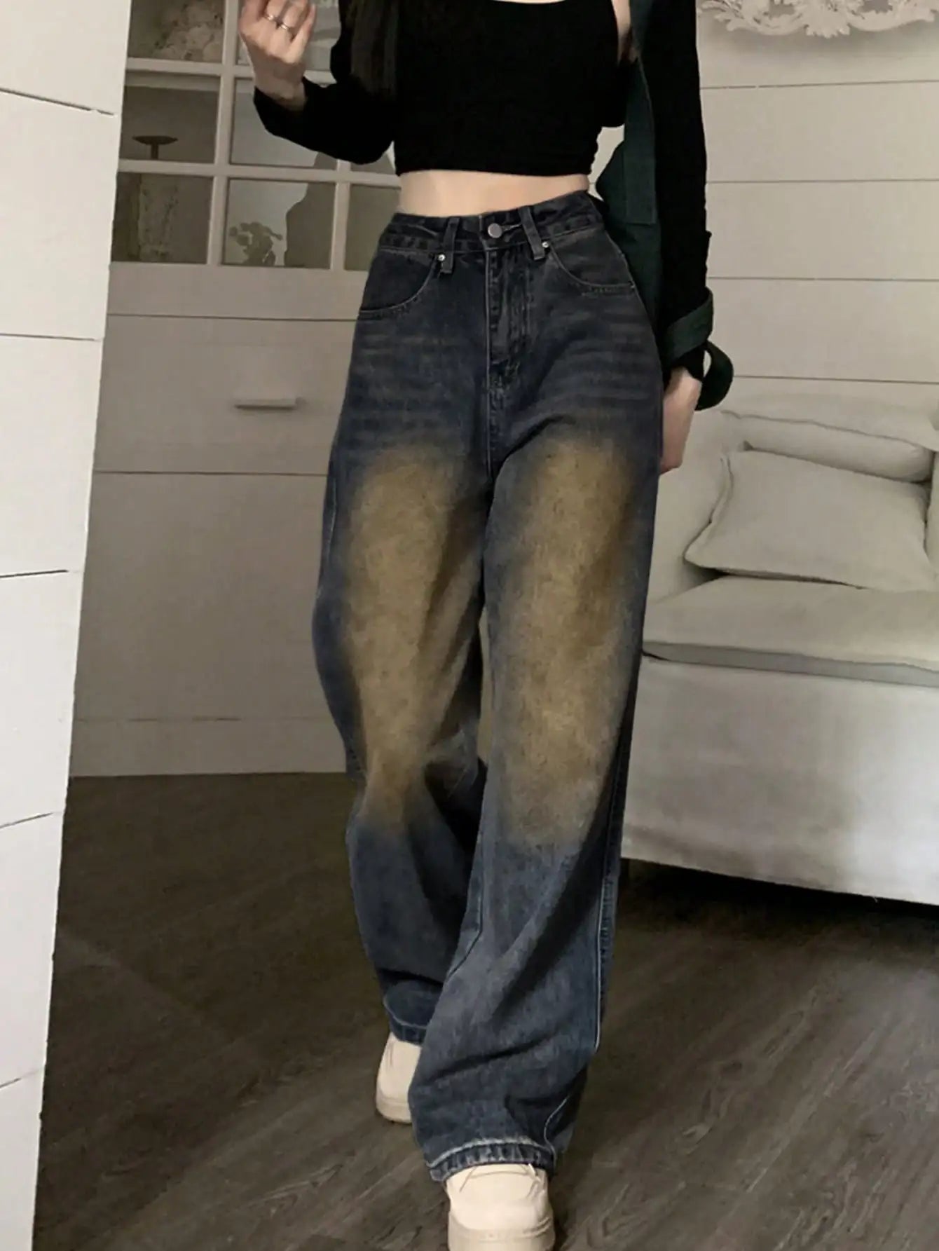 Women’s High Waist Wide Leg Jeans – Retro Vintage Slimming Mop Pants UK