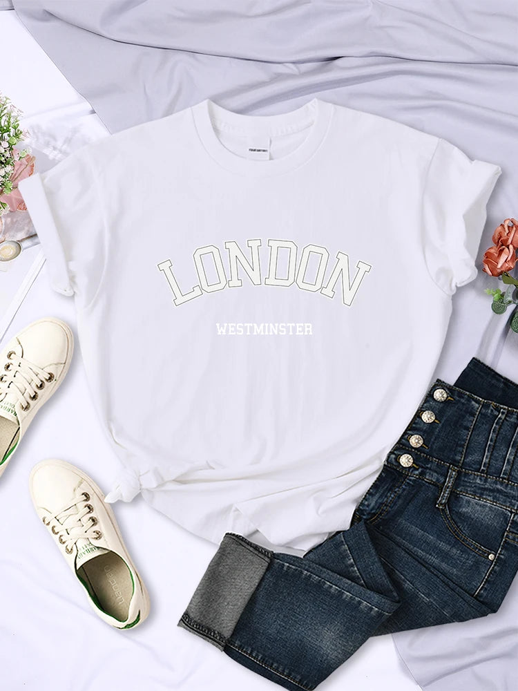 London Westminster Street Letter Tshirt Women Summer Breathable Crop Top Casual Sport Tee Clothes Sweat Cool Soft T-Shirt Female