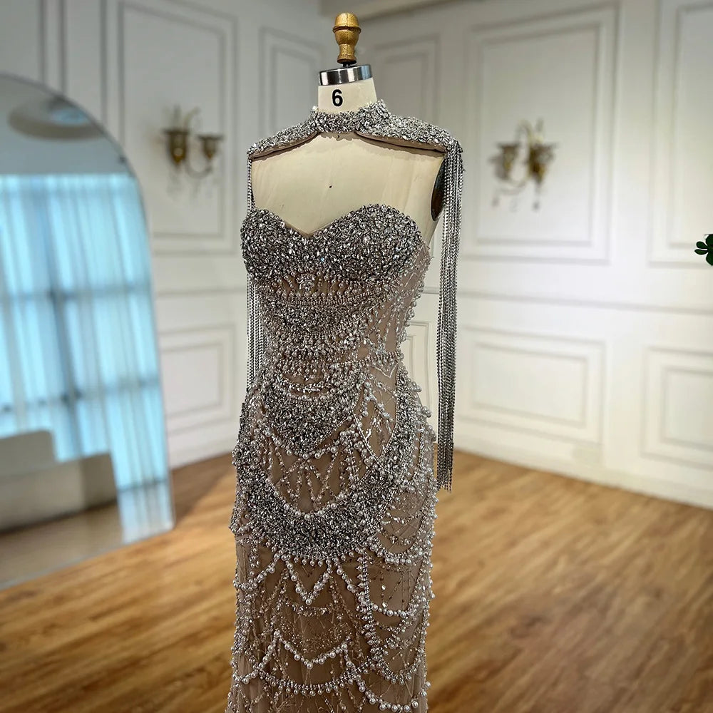 2025 Customized Nude Strapless Evening Dresses With Beaded Tassel And Detachable Fringe Short Cape For Formal Occasion LA72876