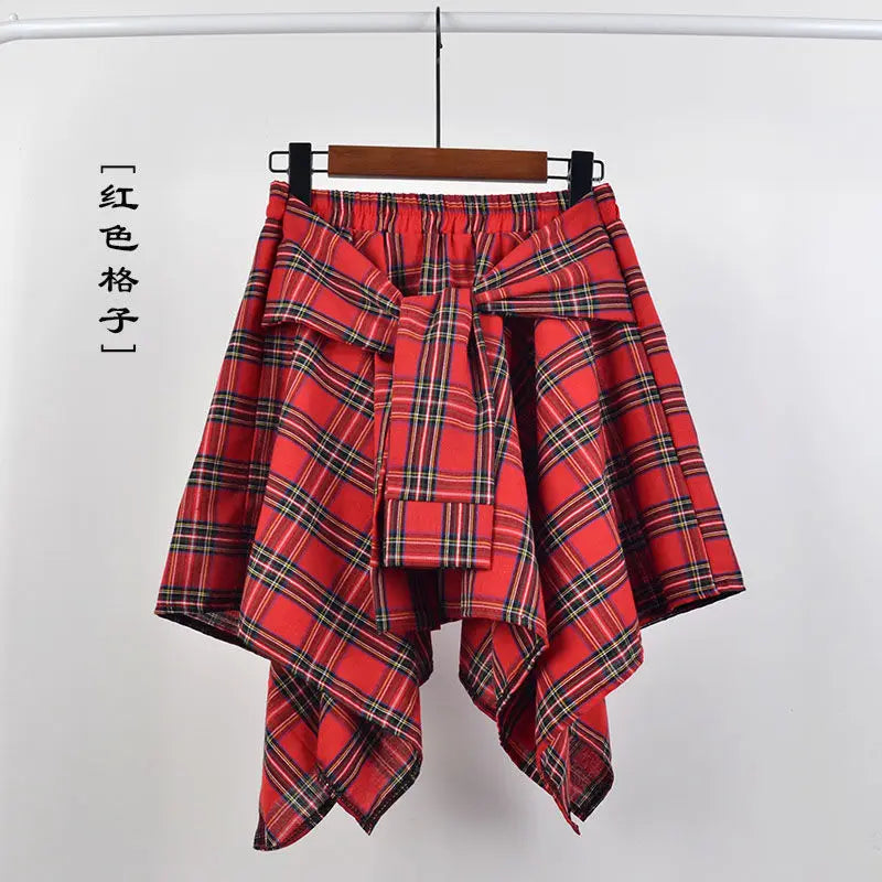 Women Plaid Mini Skirt – Summer Retro Bow Knot Elastic Waist Irregular Short Skirt Blue White
