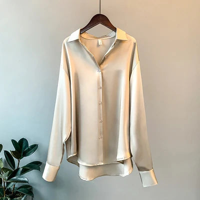 Office Lady Satin Blouse – Women’s Long Sleeve Elegant Shirt, Korean Designer Style UK