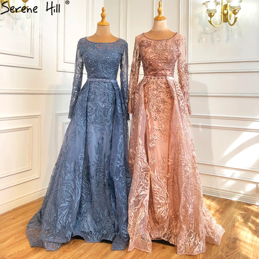 Serene Hill Muslim Blue Lace Beaded Luxury Evening Dresses Gowns O-Neck Mermaid Elegant 2025 For Women Party Plus Size LA70834