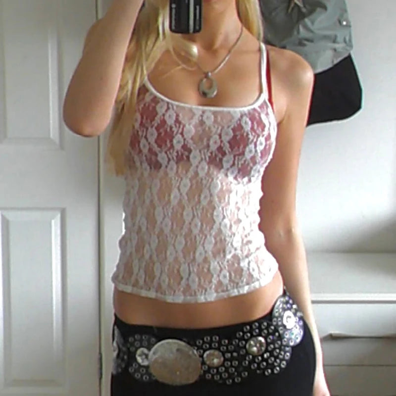 Floral Lace Spaghetti Strap Crop Top – Y2K Fairycore Style