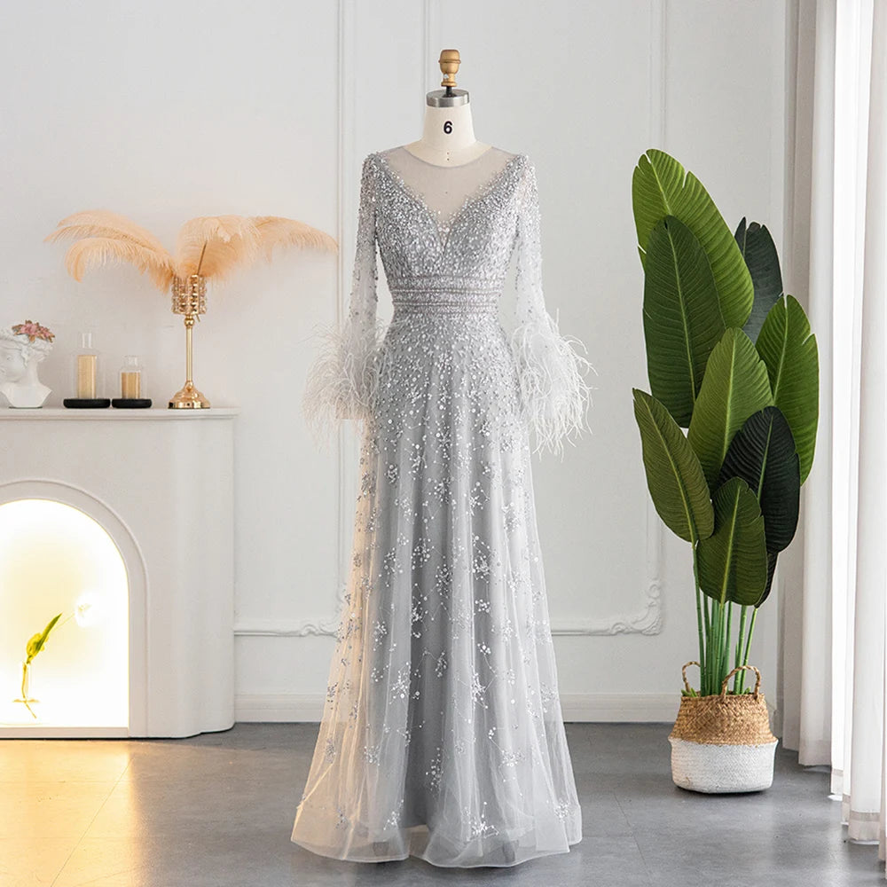 Sharon Said Champagne Feather Long Sleeve Evening Dress Luxury Dubai Beads Muslim Plus Size Women Wedding Dress SS101 Customized