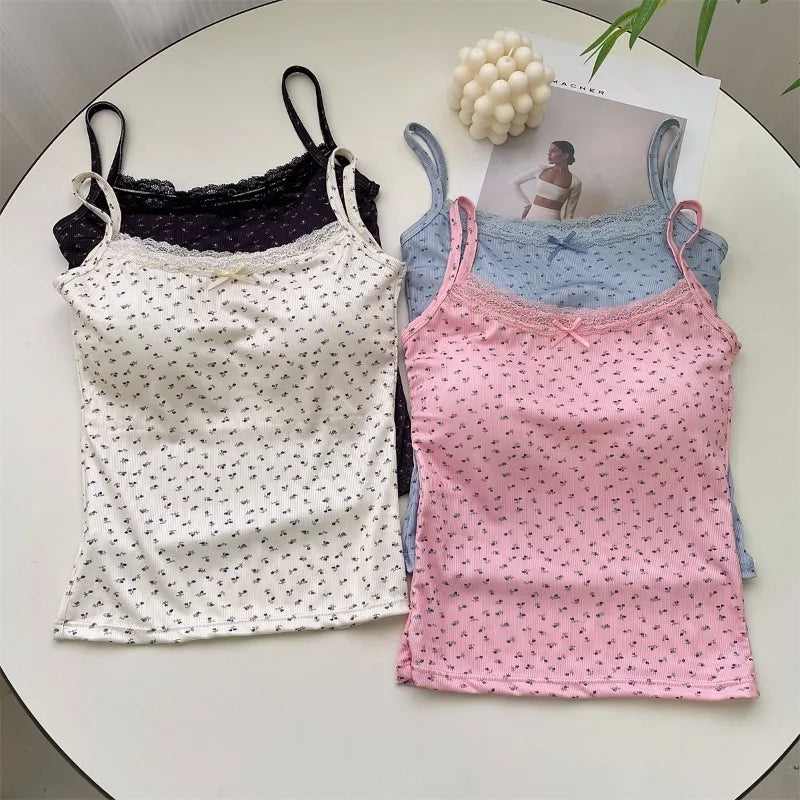 Summer Print Crop Tops for Women – Bow Lace Camisole, Sexy Backless Tank Top Y2K Streetwear