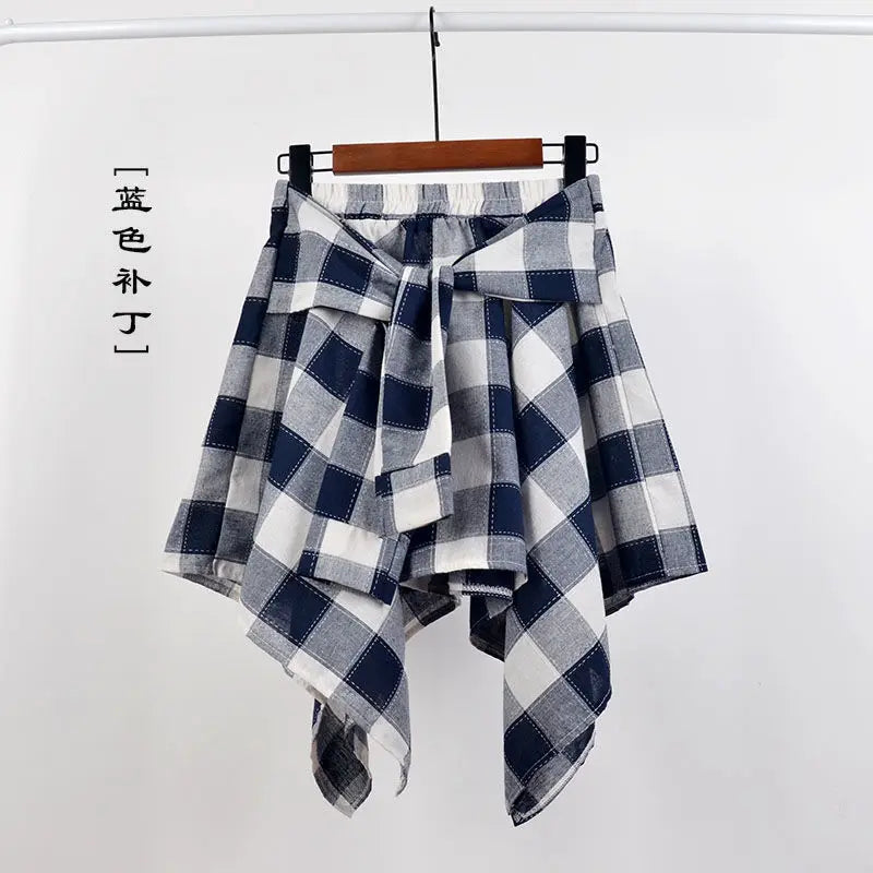 Women Plaid Mini Skirt – Summer Retro Bow Knot Elastic Waist Irregular Short Skirt Blue White