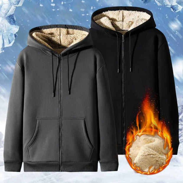 Trendy Sweatshirt Coat Front Pockets Warm Zipper Lamb Wool Jacket  Men and Woman Winter Pure Color Plush Lined Cardigan Hoodie