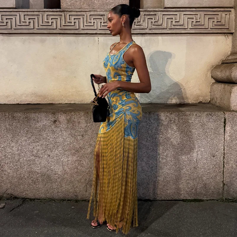 Hollow Out See-through Long Dress Women Holiday Tassels High Waist Sleeveless Strap Dresses Female Backless Evening Club  Robe
