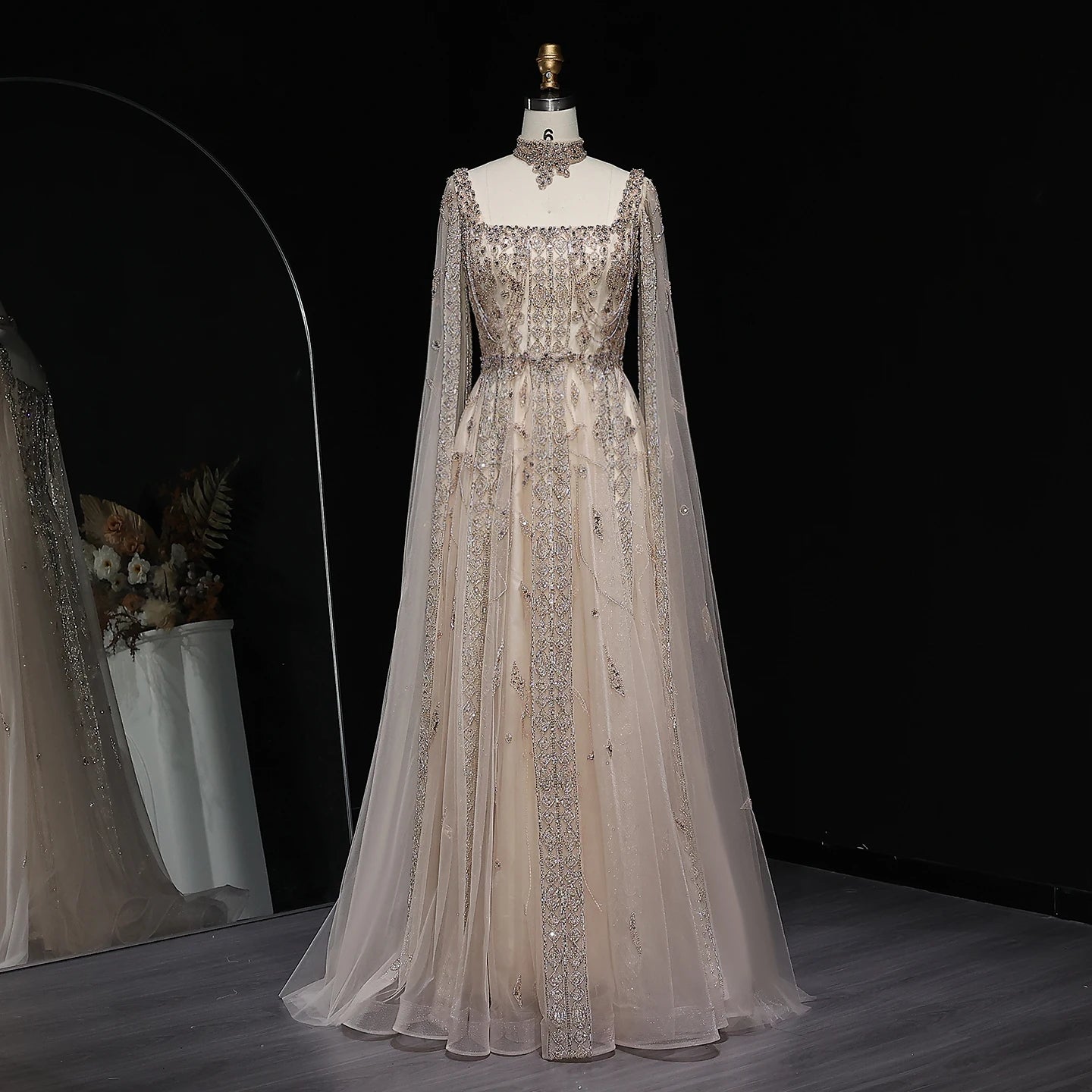 Sharon Said Luxury Dubai Nude Arabic Evening Dress with Cape Sleeves Chocker Wine Red Women Wedding Party Gowns SS543 Customized
