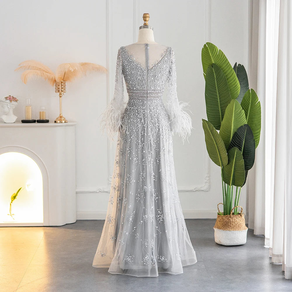 Sharon Said Champagne Feather Long Sleeve Evening Dress Luxury Dubai Beads Muslim Plus Size Women Wedding Dress SS101 Customized