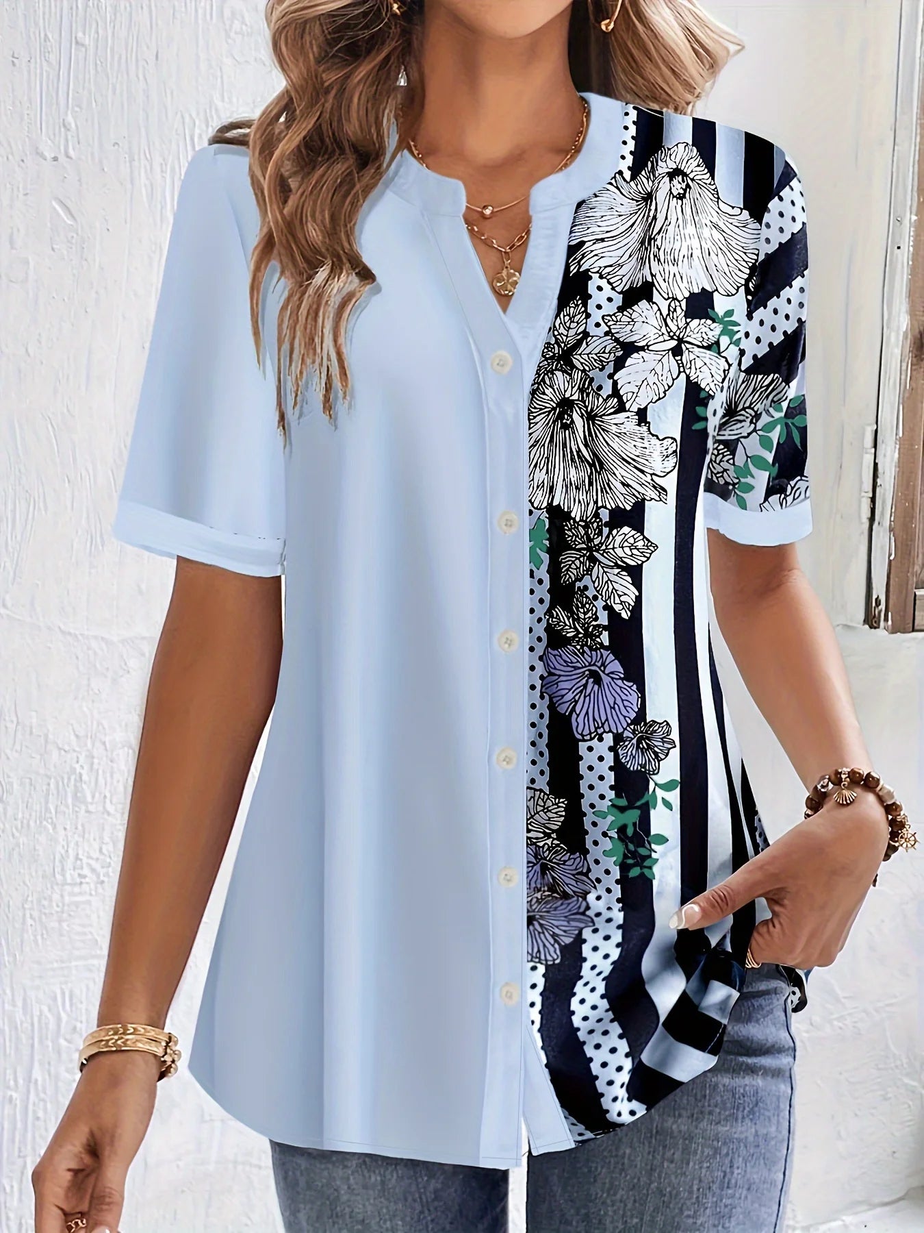 Plus Size Striped Floral Print Blouse – Women’s Casual V-Neck Half Sleeve Top UK