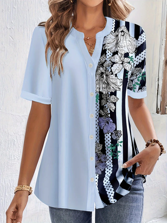 Plus Size Striped Floral Print Blouse – Women’s Casual V-Neck Half Sleeve Top UK