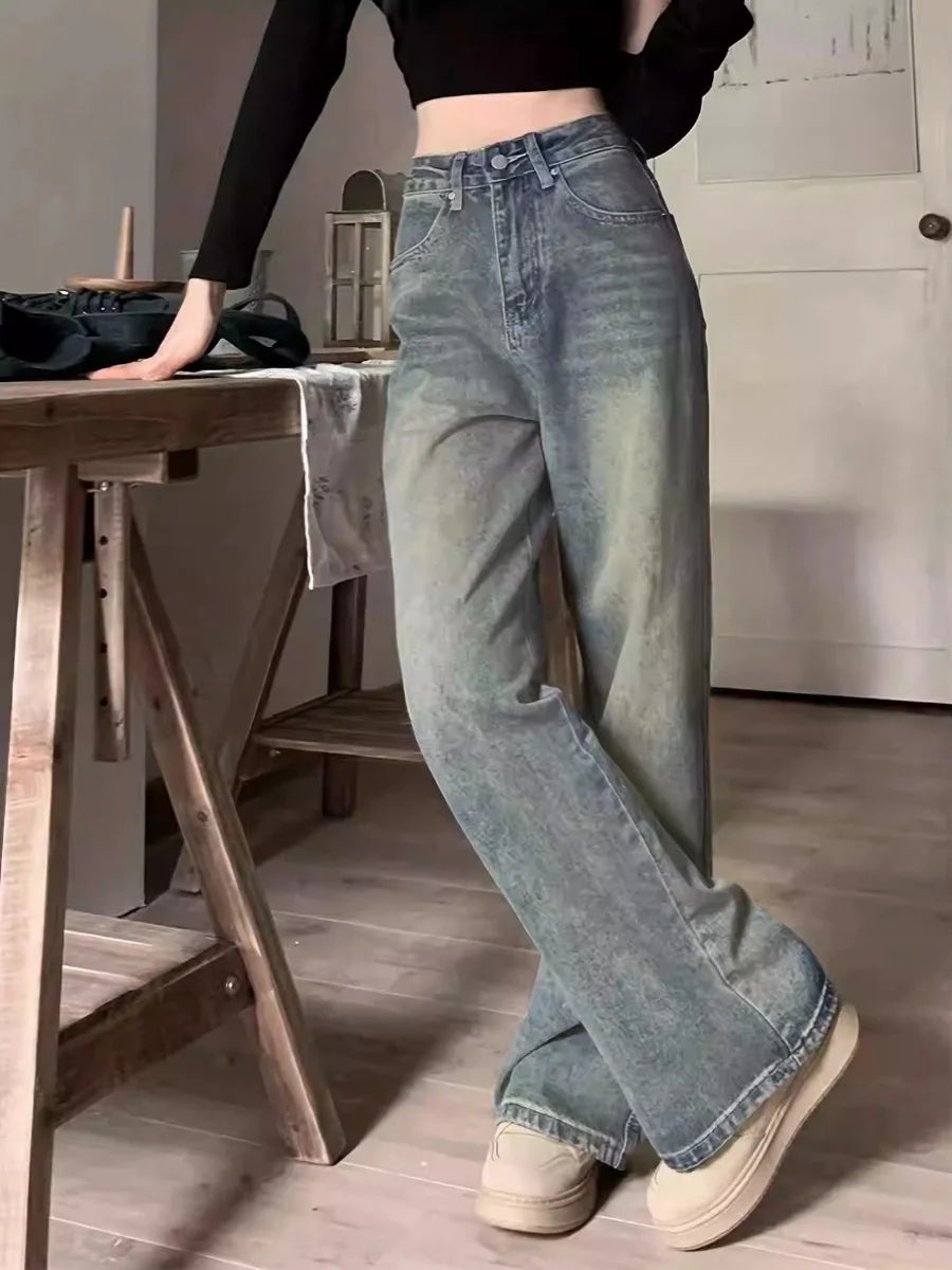 Women’s High Waist Wide Leg Jeans – Retro Vintage Slimming Mop Pants UK