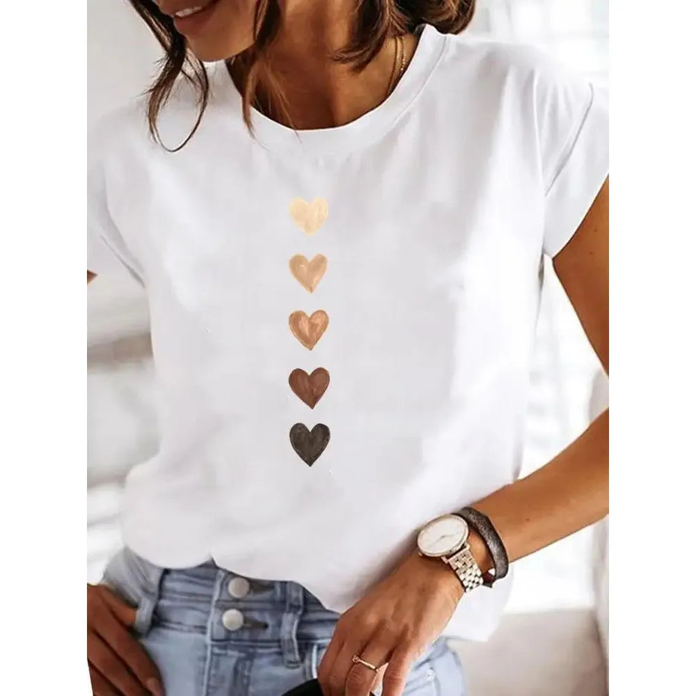 Women Casual Summer T-shirt – Loose Fit O-Neck Basic Tee with Trendy Heart Print UK