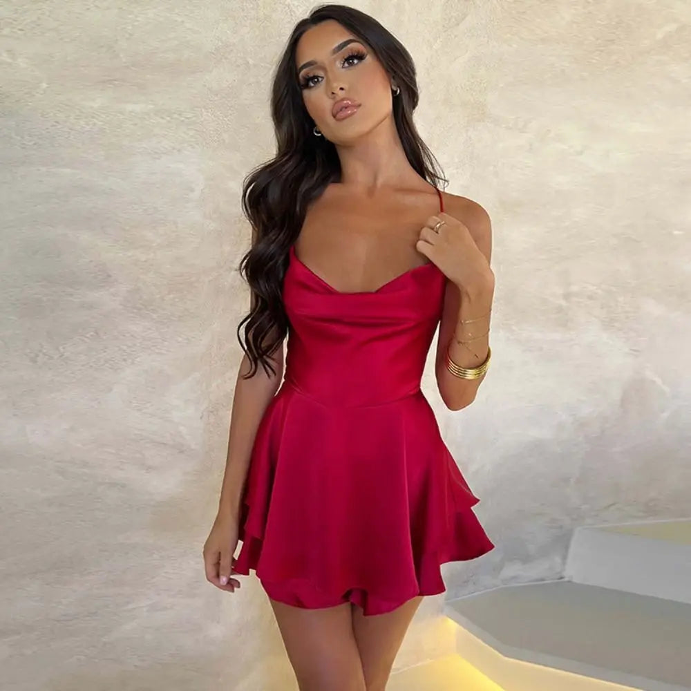 Summer New Popular European and American Style Sexy Slimming Show Solid Color Slimming Dress Short Women's