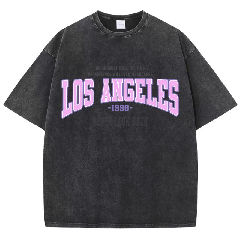 Womans Cotton Washed T-Shirts Trend Distressed Loose Tees Los Angeles 1996 Printing Short Sleeve Summer Street Female Clothes