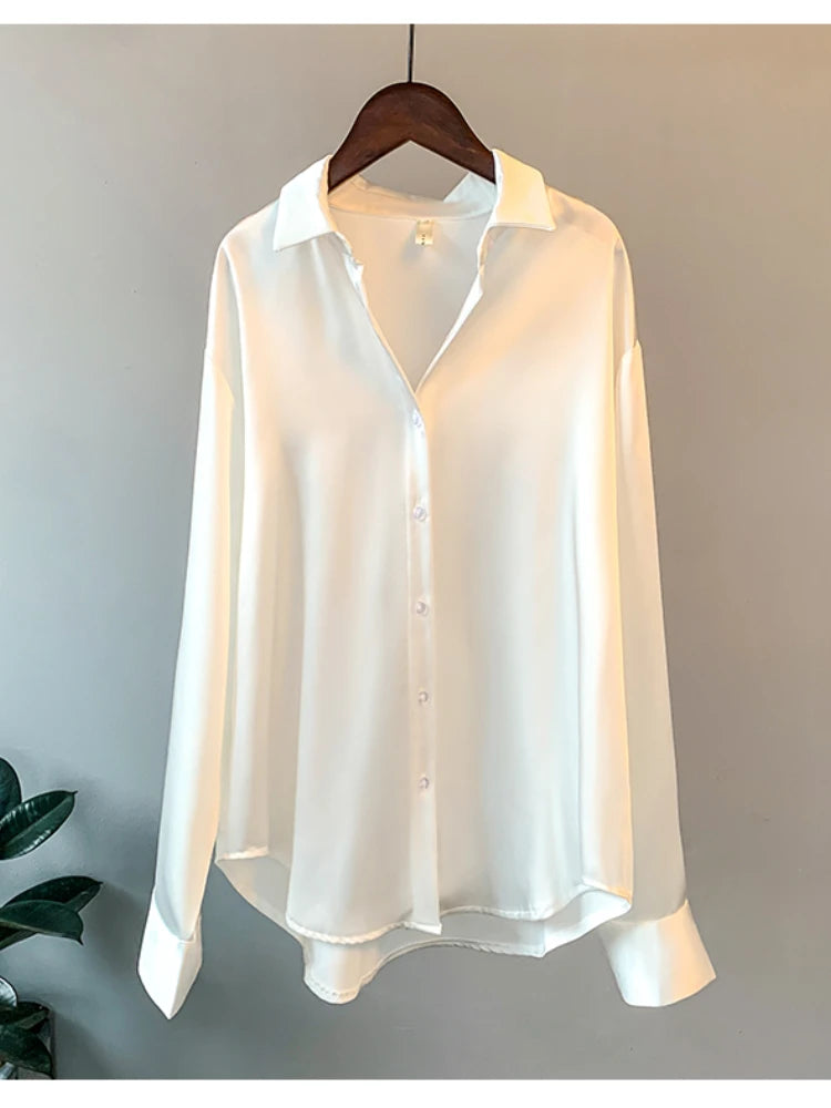 Office Lady Satin Blouse – Women’s Long Sleeve Elegant Shirt, Korean Designer Style UK