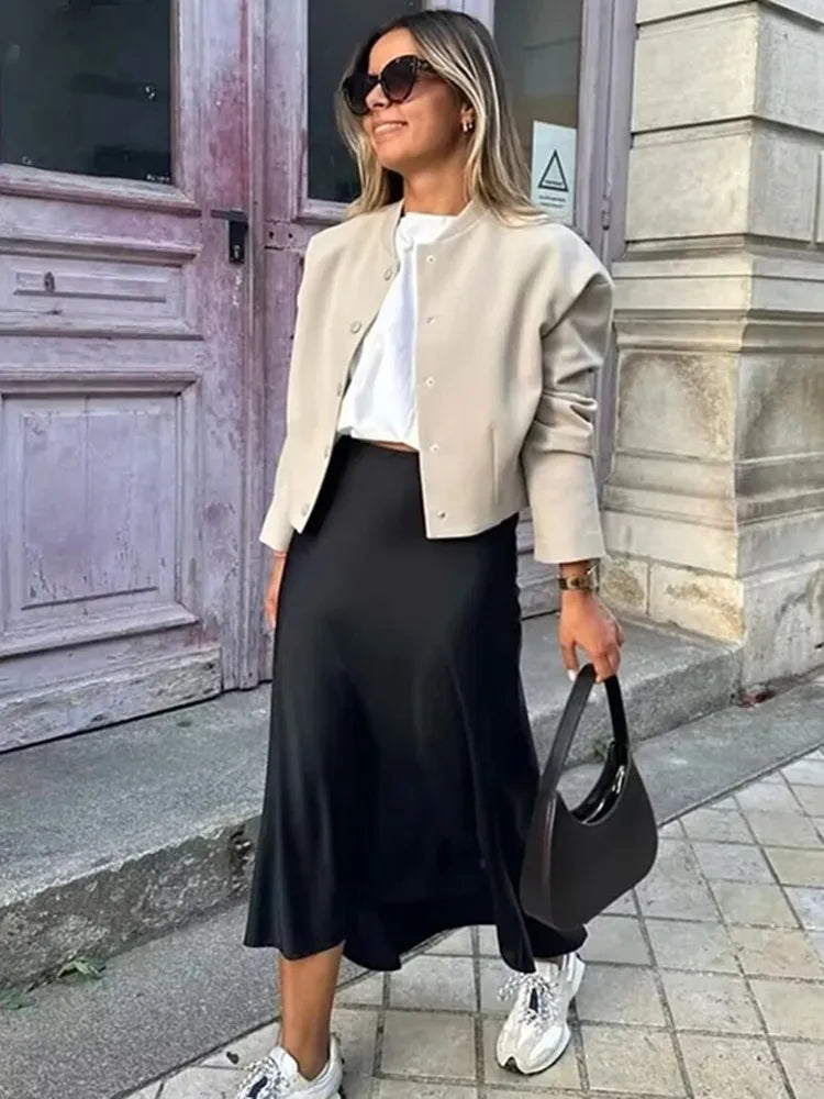 Satin High Waist Midi Skirt for Women – TRAF Elegant Summer Office Lady Skirt, Black & More Colours