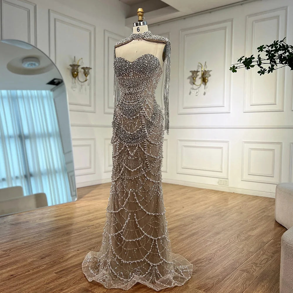 2025 Customized Nude Strapless Evening Dresses With Beaded Tassel And Detachable Fringe Short Cape For Formal Occasion LA72876