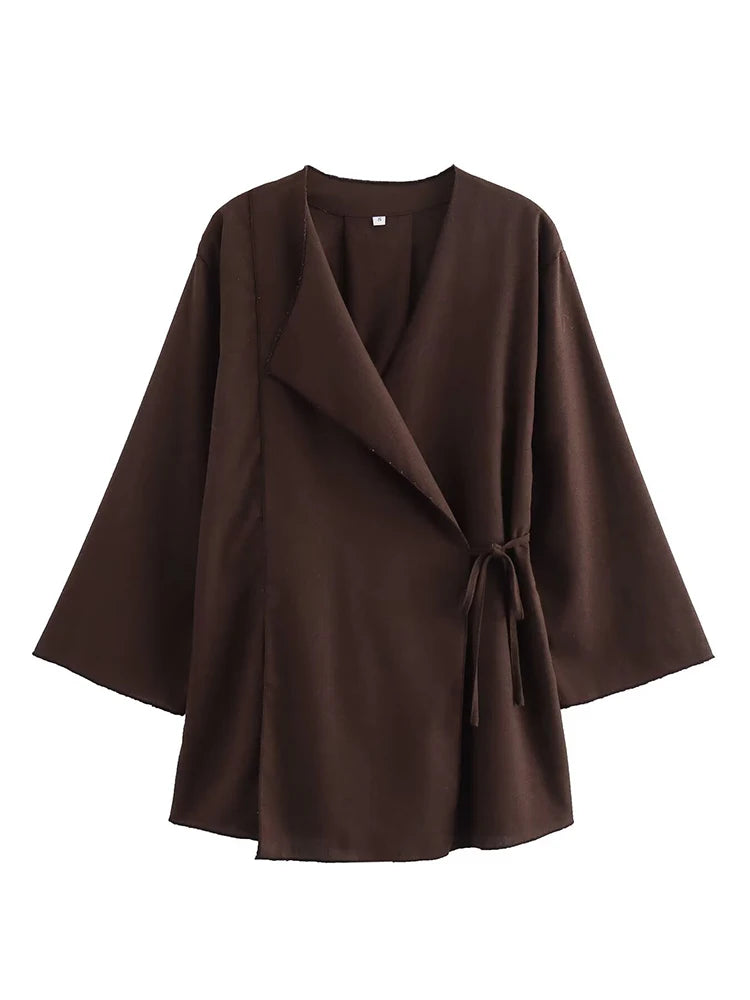 TFMLN Fashion Linen 2 Pieces Women 2024 Spring Summer Kimono Style Loose Lace Up Shirts Tops Women's Wide Leg Pants Sets