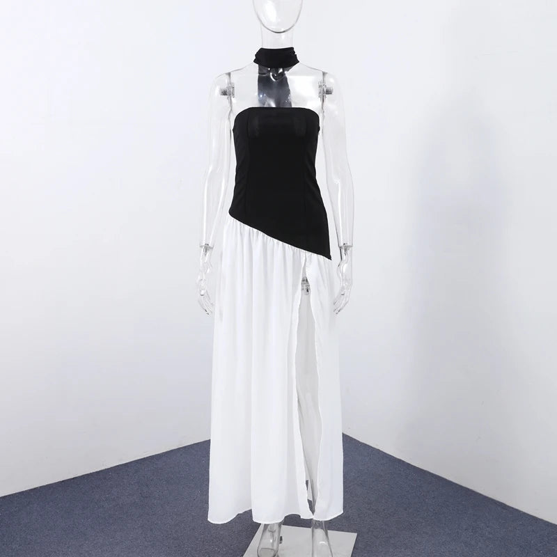 Fashion Patchwork Split Strapless Dress Women's Elegant Sleeveless Backless Long Dress 2025 Summer New Lady Evening Party Robes
