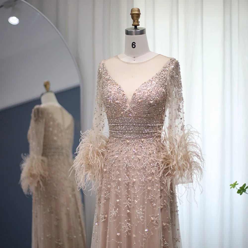 Sharon Said Champagne Feather Long Sleeve Evening Dress Luxury Dubai Beads Muslim Plus Size Women Wedding Dress SS101 Customized