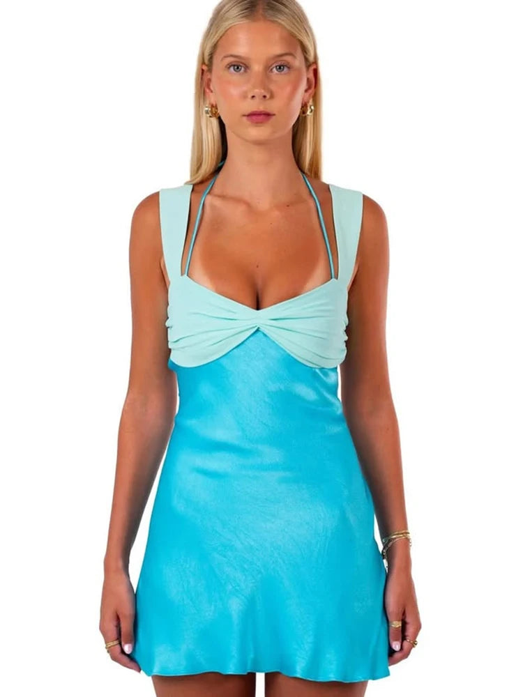 Mozision Patchwork Sleeveless Sexy Mini Dress For Women Robe Satin Strapless Backless Lace-up High Waist A-line Club Dress