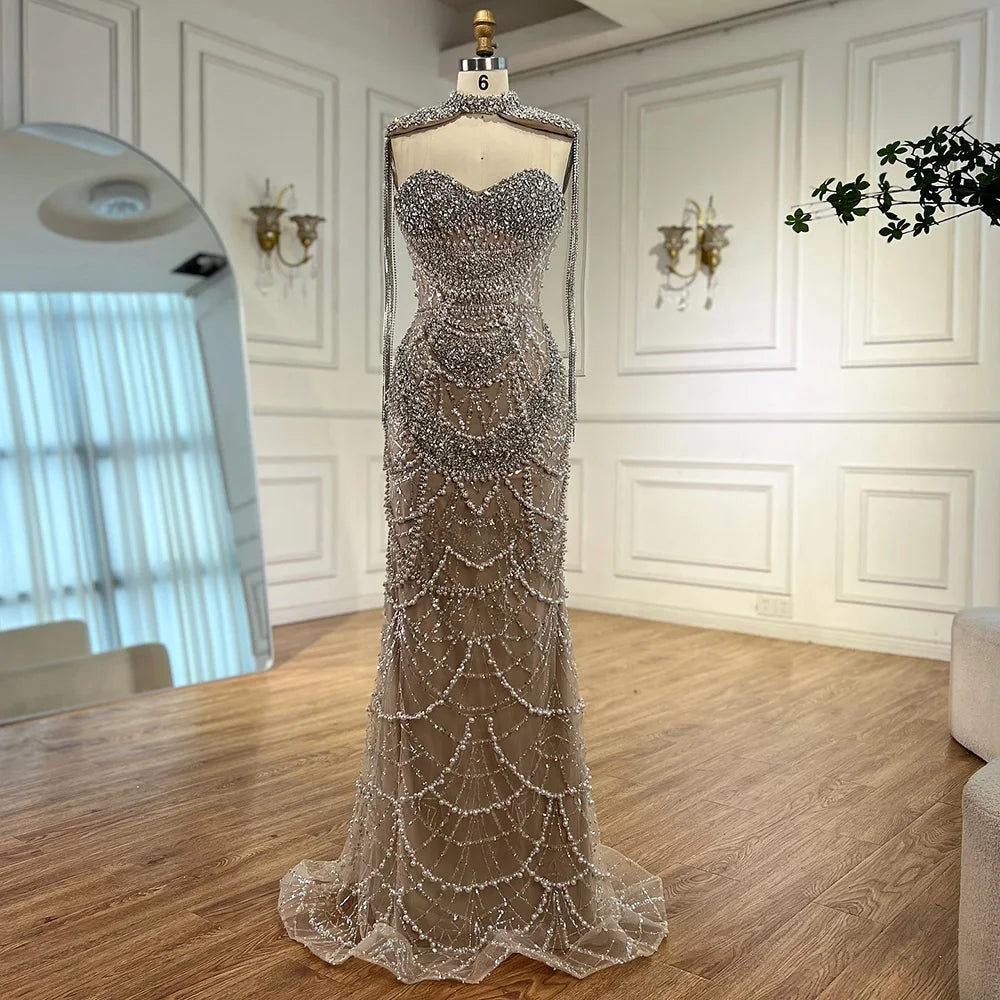 2025 Customized Nude Strapless Evening Dresses With Beaded Tassel And Detachable Fringe Short Cape For Formal Occasion LA72876