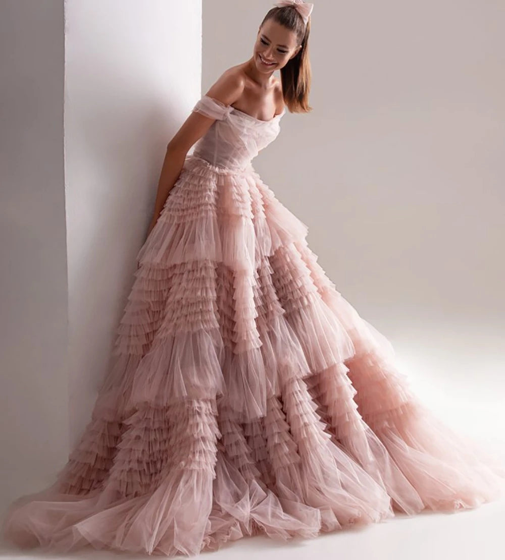 Off-the-shoulder Layered Prom Dresses فساتين السهرة Pink Tulle Ruffle Formal Occasion Party Dress Vestidos De Noche Customized