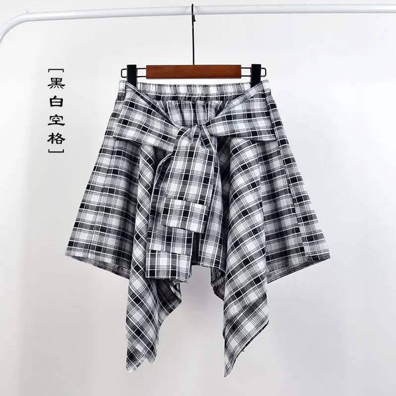 Women Plaid Mini Skirt – Summer Retro Bow Knot Elastic Waist Irregular Short Skirt Blue White