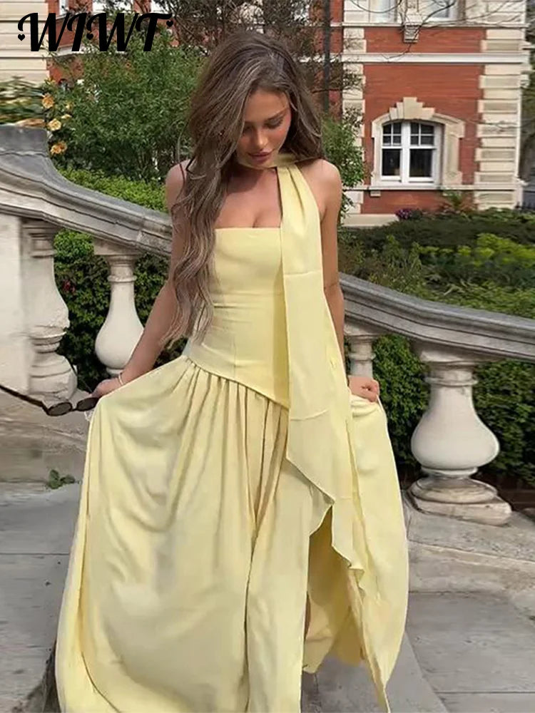 Fashion Patchwork Split Strapless Dress Women's Elegant Sleeveless Backless Long Dress 2025 Summer New Lady Evening Party Robes