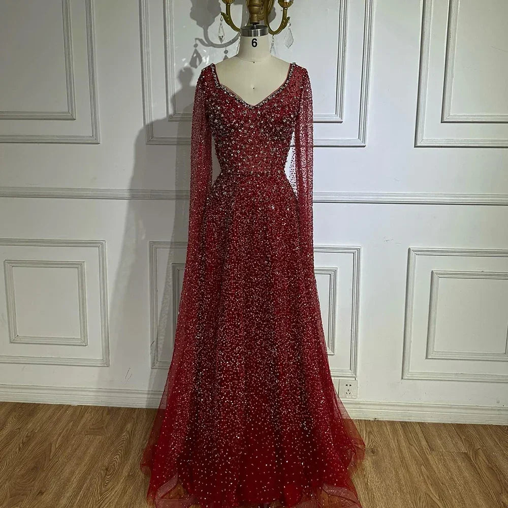 SERENE HILL Customized Arabic Purple Luxury Beaded A-Line Evening Dress 2025 Cape Sleeves Women Wedding Party Gown CLA72147A