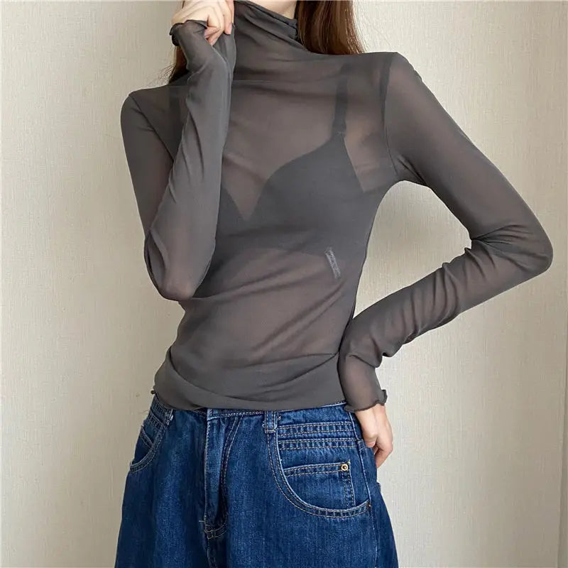 Women’s Sheer Mesh Turtleneck Top – Sexy Long Sleeve Transparent Slim Tee UK