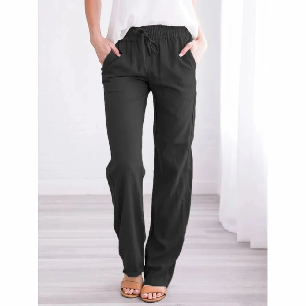 Cotton Linen Drawstring Pants – Women’s Loose Fit Elastic Waist Casual Trousers UK